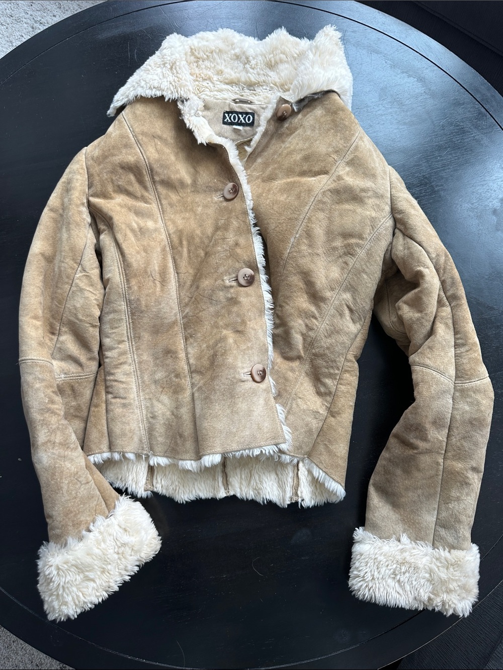 XOXO Cream Faux-Shearling Trim Tan Genuine Leather Jacket